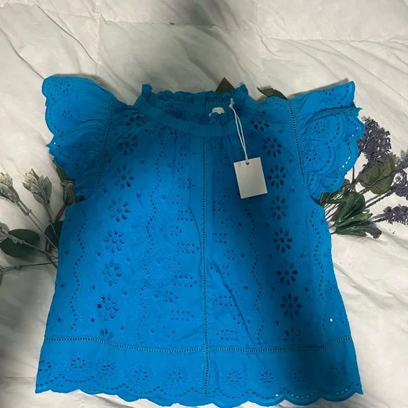 Blue Eyelet Lace Cotton Blouse - Picture 1 of 9